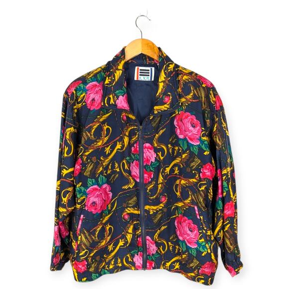 Vintage 80s Women's EVR‎ Navy and Floral Silk Bomber Jacket Size Medium - Picture 1 of 7